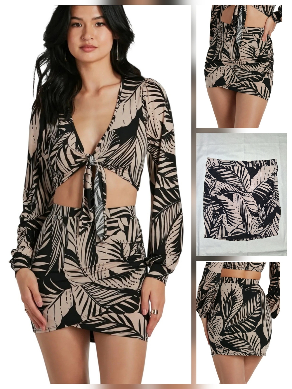 WINDSOR Wrap Mini Skirt in Tropical Print in Beige & Black - Size: Small (NWT)